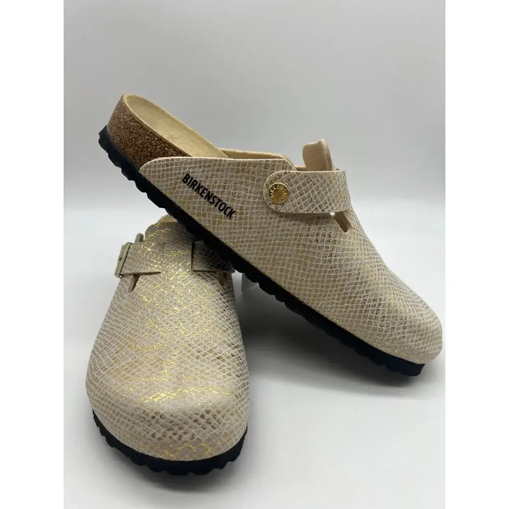 Birkenstock Boston Clogs Men's Size 10 Shiny Gold Python Eggshell New